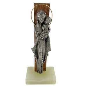 Vtg Italian Pewter Madonna Child Statue Brass Halo Wood Marble Base Italy MCM